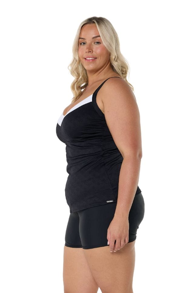 blonde model showing side of black and white underwire tankini top