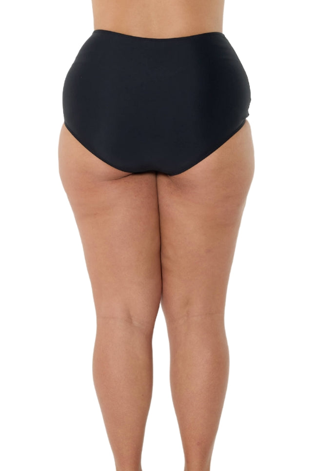 model showing back of black high waisted swim pant